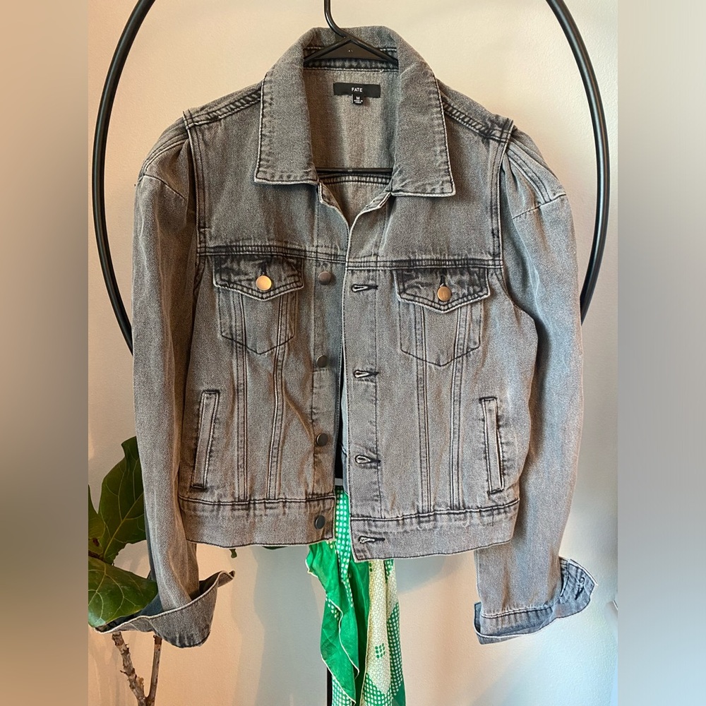 Fate Faded black Jean jacket with puffy shoulders. Size Med